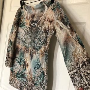 Reba 3/4 Sleeve Green and Brown Top